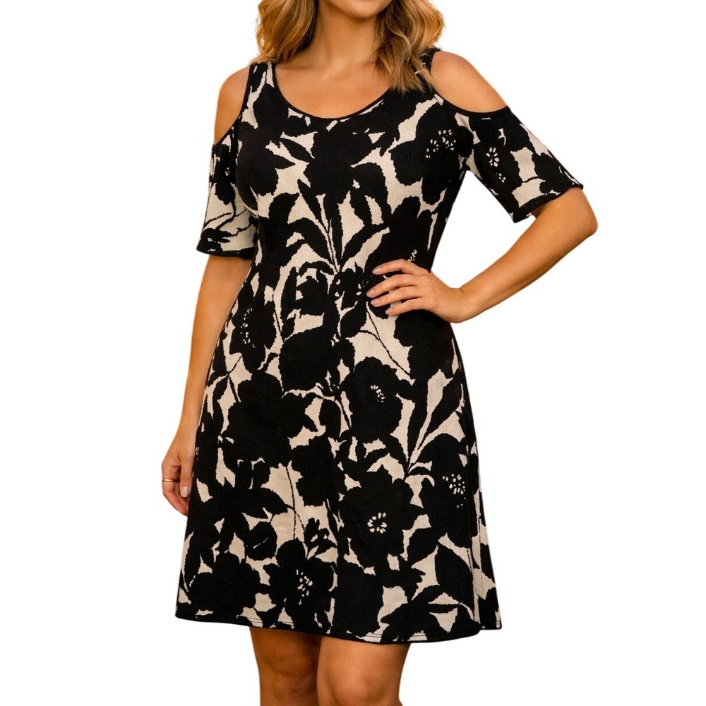 Ann Taylor Womens Black White Floral Cold Shoulder Sweater Dress L NWT